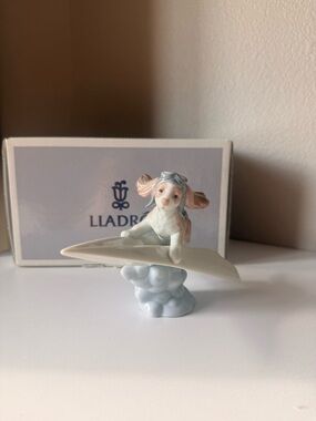 Lladro Porcelain Surfing Puppy in White, Pale Blue & Pink